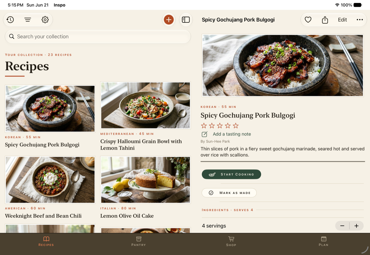 Inspo's recipe library and a recipe open on iPad