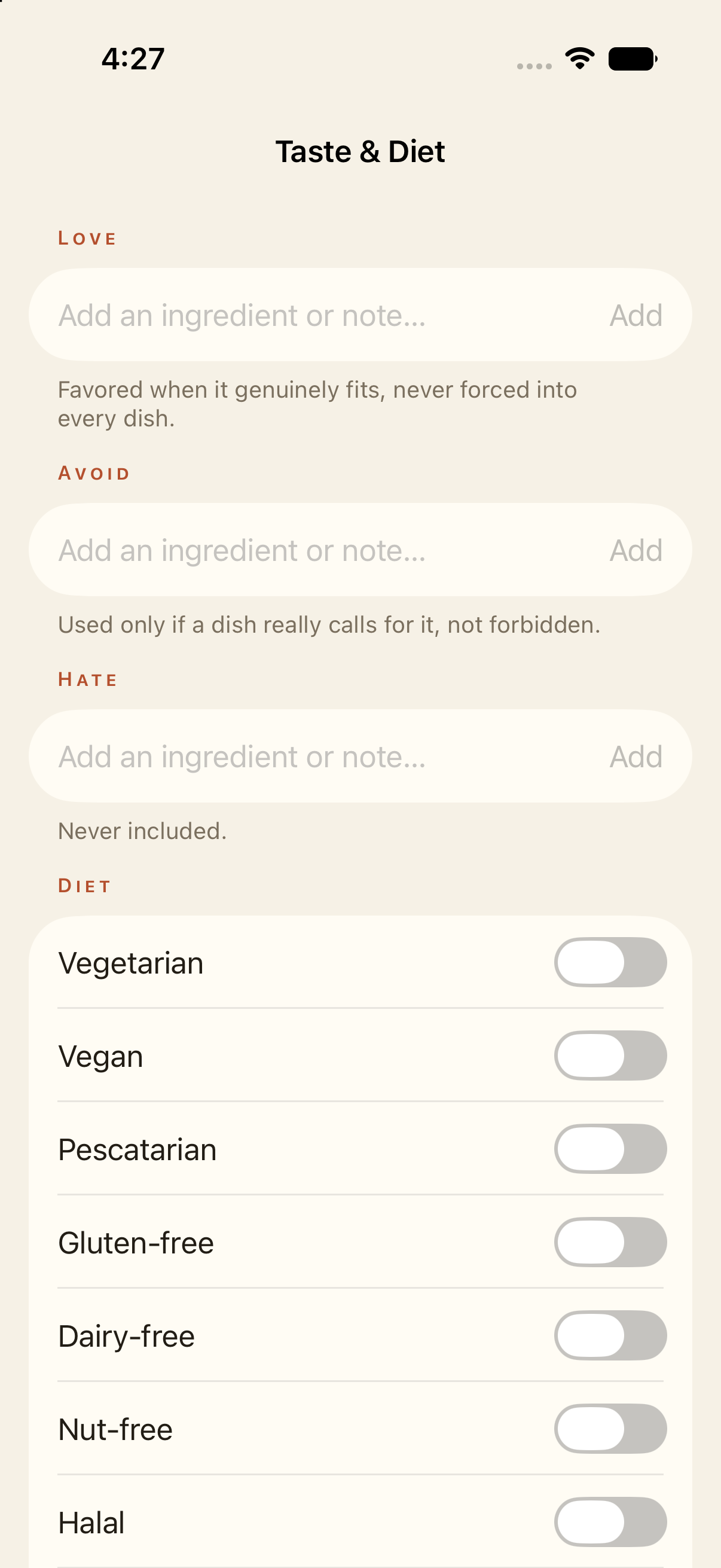 Taste and diet preferences in Inspo
